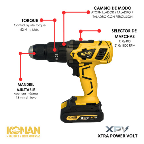 Taladro De Impacto A Batería 20v Konan Xtra Power V 1800rpm
