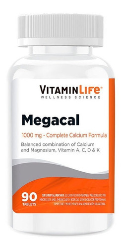Mega Cal / 1000mg / 90 Tabletas / Vitamin Life Sabor Sin sabor