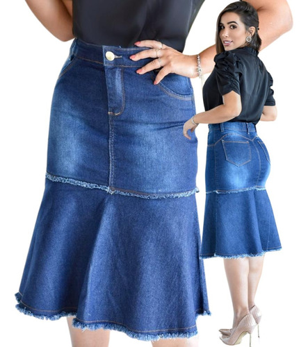 Saia Jeans Evangelica Elastano Levanta Bumbum Cintura Alta