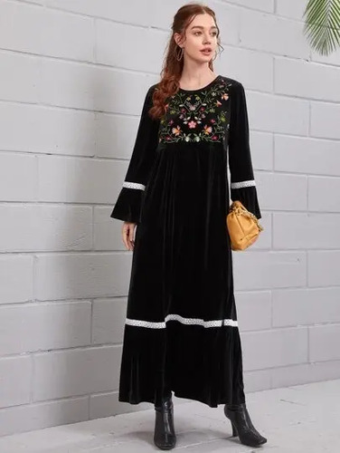 Vestido Largo Negro Velvet Flores Y Lineas Shein Vestuario y Calzado  mimas.ir