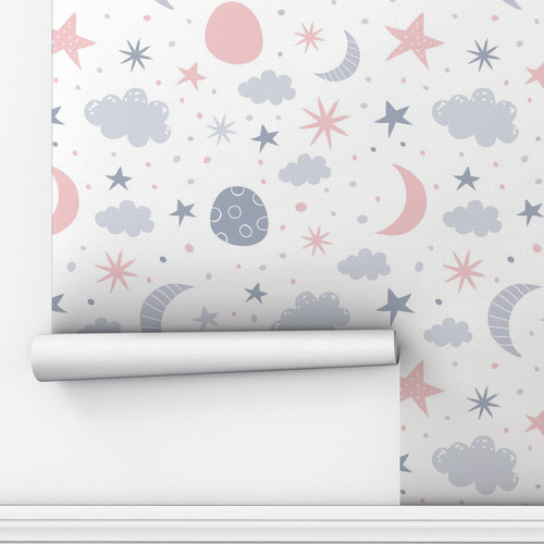 Papel Parede Infantil Lua Estrelas Nuvens Rosa Cinza 3.5m