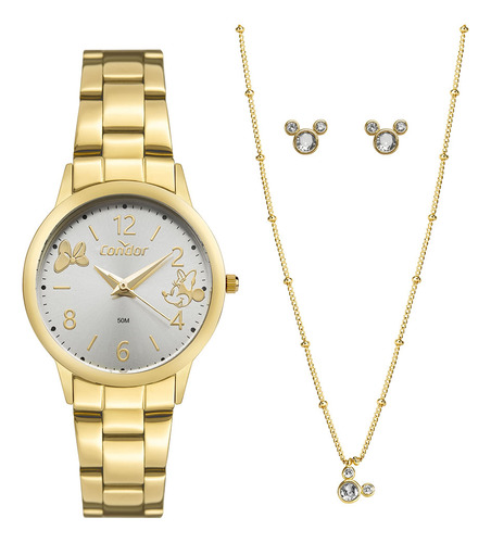Kit Relógio Dourado Feminino Condor Coleção Disney Minnie