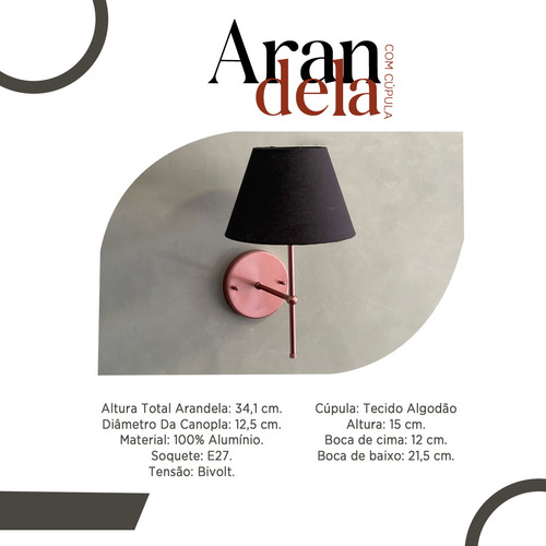 Arandela De Parede Rose Gold Em Aluminio Com Cupula Preto Quarto / Sala De Estar / Corredor Tecido Algodao E27 Tensao Bivolt 110v/220v