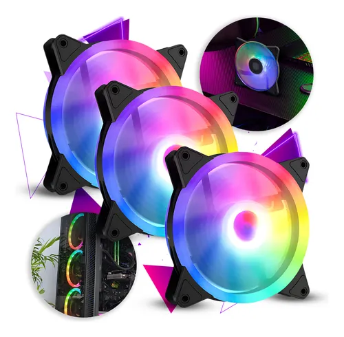Kit 3 Fans Cooler Led Rgb 120mm Ventoinha Gabinete Pc Cpu Gamer Silencioso Cor Rgb Nano Bateria