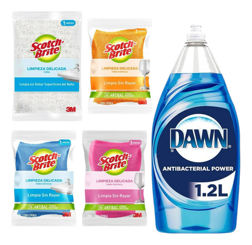 Jabón Líquido Dawn + 4 Fibra Esponja Cero Rayas Scotch Brite