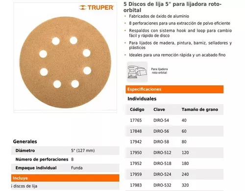 Lija para madera, grano 120 Truper 25 pzas