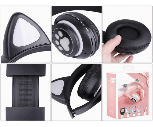 Auriculares Oreja Huella Gato Bluetooth Luz Rgb Niños Gatito Negro