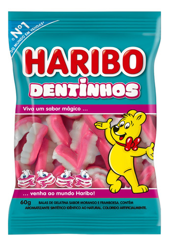 Bala Haribo Dentinhos morango e framboesa sem glúten 60 g 