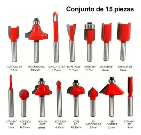 Juego De 15pcs Puntas De Enrutador Vástago De 1/4in Con Caja