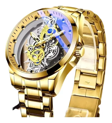 Reloj Automático De Esqueleto Doble Para Hombre Color De La Correa Dorado
