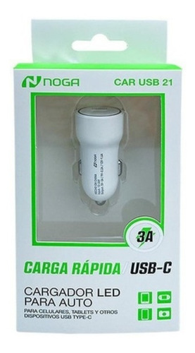 Imagen 3 de 5 de Cargador Auto Usb Carga Rapida Tipo C Noga Car Usb 12v 3a