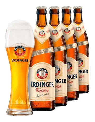Kit Cerveja Erdinger Weissbier 500ml 4 Unidades + Copo