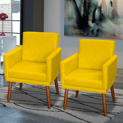 Kit 2 Poltronas Decorativas Para Sala De Estar Reforçadas Cor Amarelo Desenho Do Tecido Suede Liso