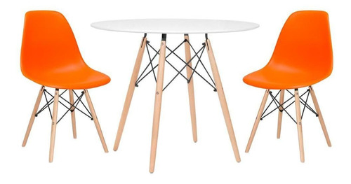 Kit Mesa Jantar Eames Wood  90 Cm E 2 Cadeiras Eames Eiffel Cor da tampa Mesa branco com cadeiras laranja