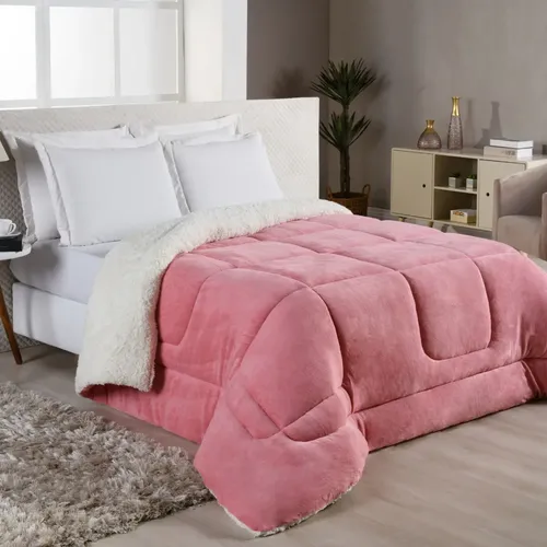 Edredom Sherpa Cobertor E Coberdrom Casal Queen Grosso Cores Rose Lisa