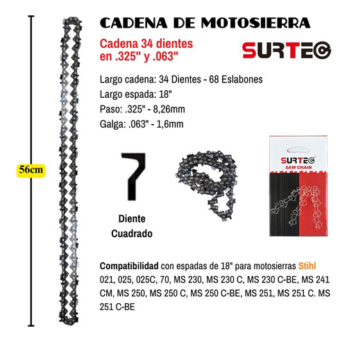 Cadena Surtec 34 Dientes 325 063 Para Stihl Ms250 18 PuLG
