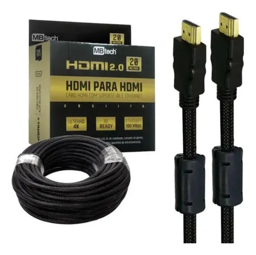 Cabo Hdmi 2.0 4k 20 Metros Mbtech Gb51178 Malha E Filtro
