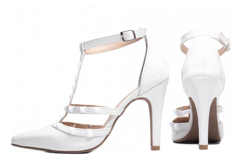 Sapato Scarpin Branco Creme Fivela E Pinos Salto Alto 9cm