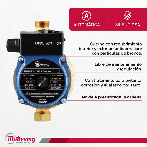 Imagen 4 de 12 de Bomba Presurizadora Motorarg Tip 1 Bronce 2 Baños 120 Watts