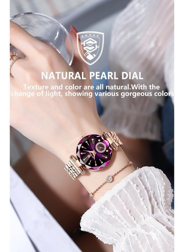 Reloj Poedagar de cuarzo de lujo con diamantes para mujer, correa cian, color oro rosa y bisel, color oro rosa