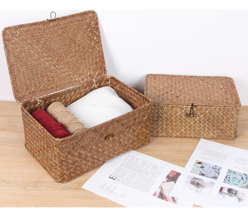 Cesta Con Tapa, Cesta De Almacenamiento Rectangular Tejida