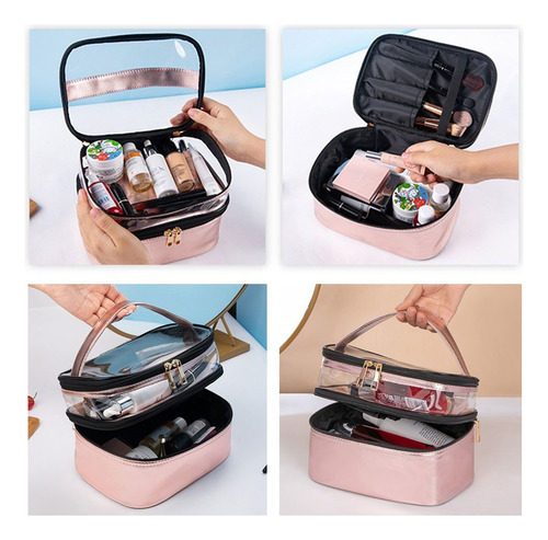 Neceser Maquillaje Viaje Doble Portátil Impermeable Bolsa Rosa Dorado