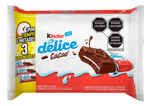 3 Pzs Kinder Pastelito Cacao Delice 3 Pack 117gr