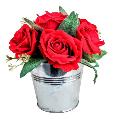 Balde + Rosas Artificiais Decoração Flores Arranjos Vasos