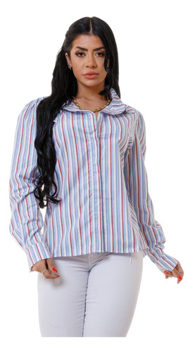 Blusa Feminina Plumas Manga Longa Camisa Botões Georgia