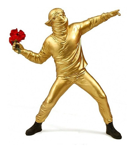 Escultura De Banksy Con Figura De Hombre Lanzando Flores Par