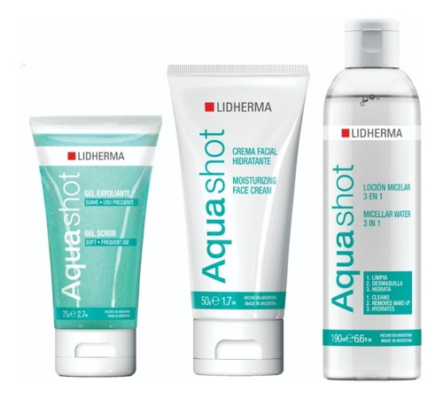 Kit X 3 Aquashot Facial Lidherma Micelar Hidratante Scrub