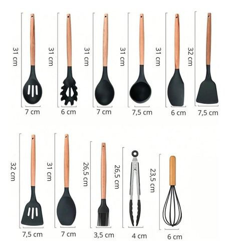 Kit 12 Utensílios Silicone Preto Com Cabo De Madeira