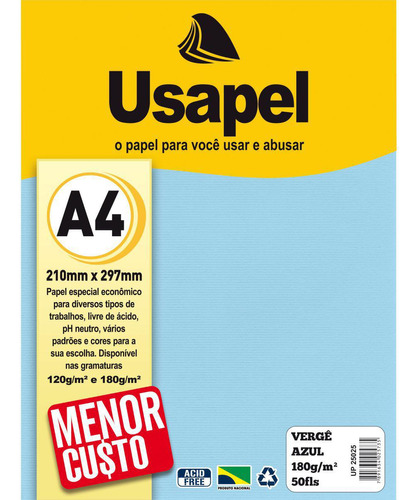 Papel A4 Verge Usapel Azul 180g. Pacote Com 50 Folhas