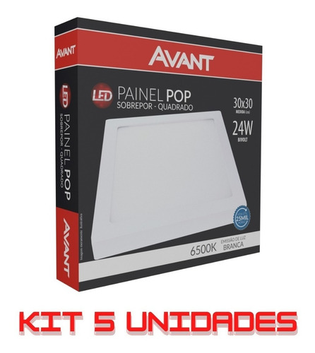 Kit 5 Painel Led 24w Sobrepor Quadrado 6500k Bivolt Avant Cor Branco 110v/220v