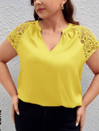 Blusa Amarilla Mangas De Encaje, Tallas Extras 2xl 