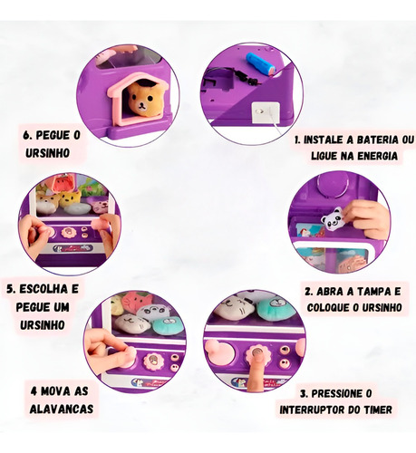 Mini Máquina De Ursinhos Pelúcia Jogo Garra Arcade Cor:roxo Unica