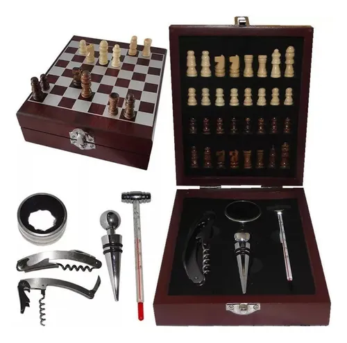 comprar Kit Acessórios Para Vinho Luxo Inox E Jogo De Xadrez Madeira
