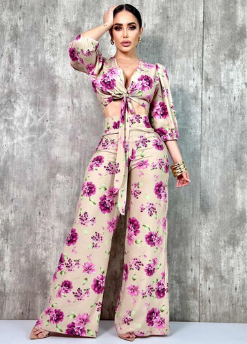 Pantalón Campana Flores Con Blusa De Amarre Cómodo Jardín