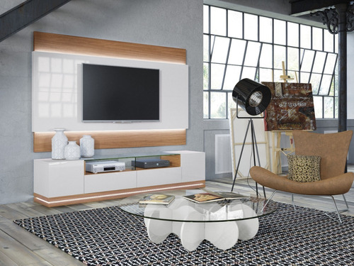 Mueble Tv Blanco Y Madera Oculta Cables Luz Led Ref Livo4.1