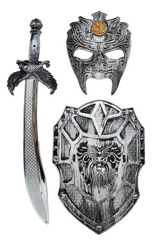 Set Armadura Guerrero Con Espada Escudo Y Máscara Color Gris
