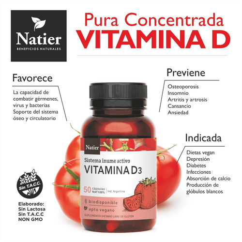 Imagen 2 de 3 de Vitamina D3 Natier - 50 Capsulas