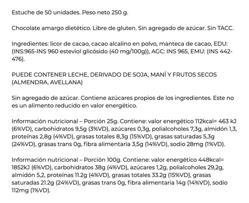 Imagen 2 de 6 de Chocolatinas Colonial 70% Cacao 5g Pack 50un La Golosineria