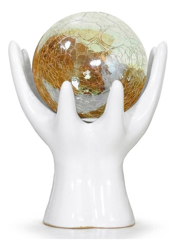 Estatueta Enfeite Decoração Mesa Sala Mãos Com Esfera Bola Cor Branca / dourado