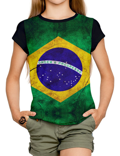 Camiseta Bandeira Do Brasil Feminina Infantil Blusa Est1