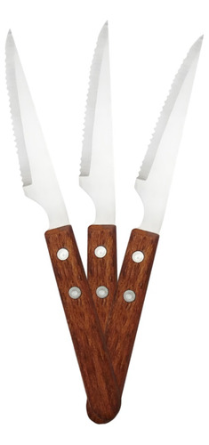 Cuchillo Asado Mesa Mango De Madera Filo Cóncavo Blíster X 3