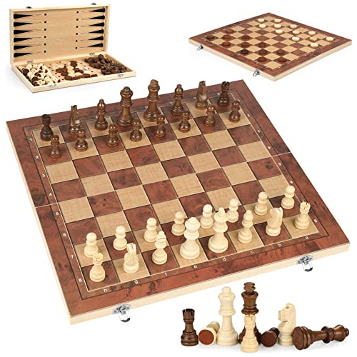 Chess Checkers Backgammon 3-in-1 Board Games Sets, Wooden Ch