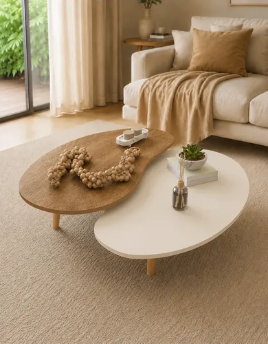 Kit Mesa De Centro Sala Orgânica Decoração Retrô Pé Palito Off White E Marrom