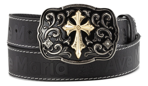 Cinto Country Religioso Couro Com Fivela De Cruz Ave Maria Cor Preto Tamanho 115 Cm Serve Calça N 46