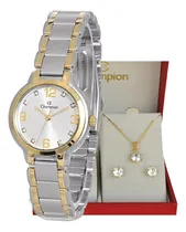 Comprar Relógio Champion Feminino Misto Colar Brinco Prova D'agua Cor do bisel Dourado Cor do fundo Prata 2