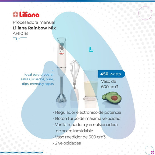 Imagen 2 de 8 de Procesadora Manual Liliana Rainbow Mix 450w Blanco Ah101b